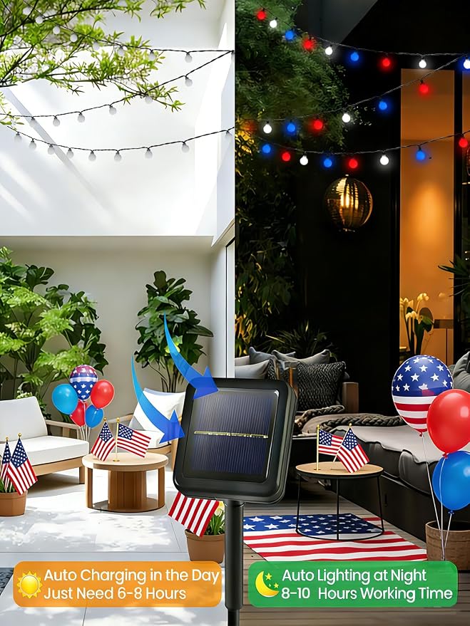 2-Pack 80 LED 39FT Red White and Blue Solar Globe String Lights Outdoor | LED Patriotic Lights, Waterproof, Solar American Flag Lights, 8 Modes 4th of July Decorations for Independence Memorial Day