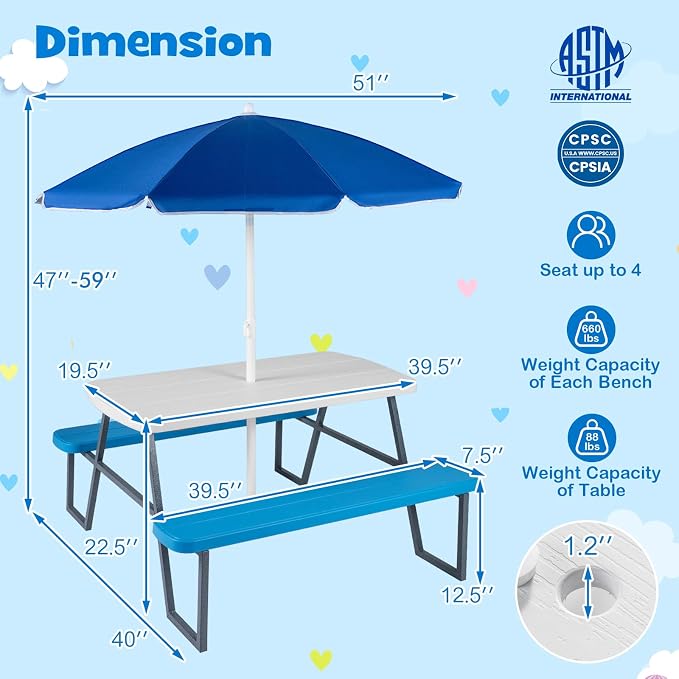 HONEY JOY Kids Picnic Table, 4 Person Toddler Outdoor Table and Chair Set, Built-in Benches, Removable Umbrella, Metal Frame & HDPE Top, Children Outdoor Furniture for Backyard Patio Garden (Blue)