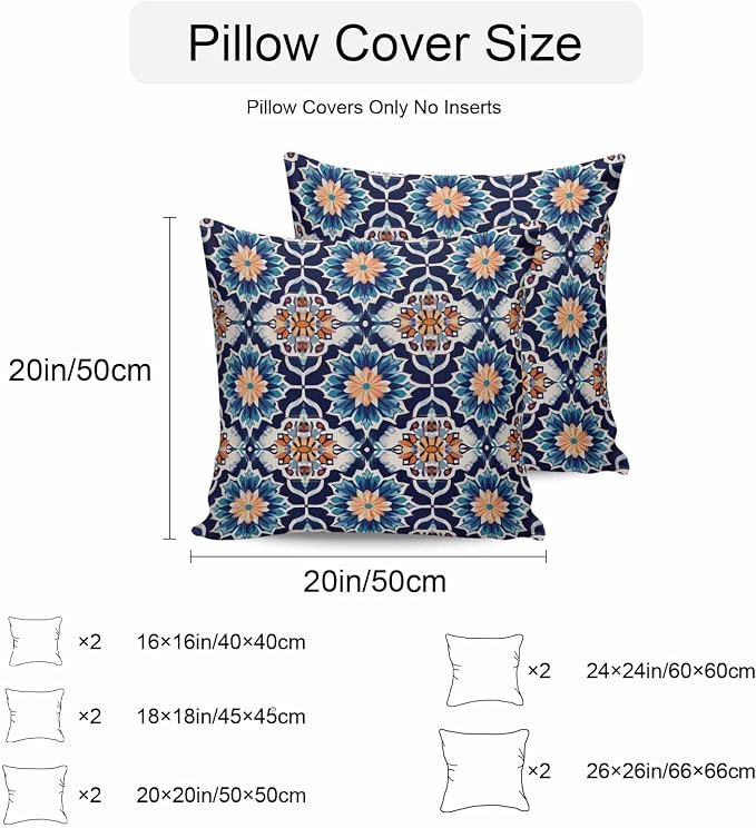 Orange Blue Outdoor Pillow Covers 20x20 Inch Throw Pillow Covers Set of 2 Waterproof Decorative Pillow Cases Morocco Boho Abstract Floral Ethnic Tribal Cushion Covers for Patio Furniture Garden Couch