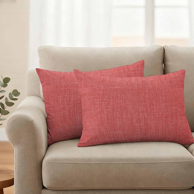 Outdoor Waterproof Throw Pillow Covers Set of 2 Coral Red Linen Lumbar Pillowcases 20x12 Inches Farmhouse Pure Color Decorative Pillows Cushion Case Patio Pillows for Couch Bed Chair Garden