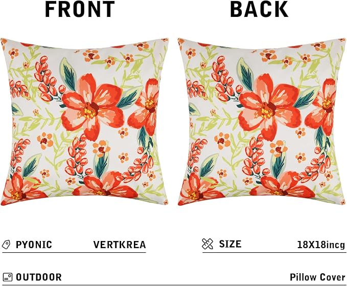 Pyonic Outdoor Pillows Covers Pack of 2 Spring Floral Waterproof Throw Pillow Covers 18X18 inch Outdoor Pillows for Patio Furniture Garden Square Outside Waterproof Pillow