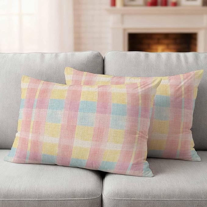 Colorful Plaids Outdoor Waterproof Throw Pillow Covers Set of 2, 20"x12", Pink Blue Yellow Stripes Geometric Rustic Decorative Pillow Covers Outside Cushion Case for Patio Porch Garden