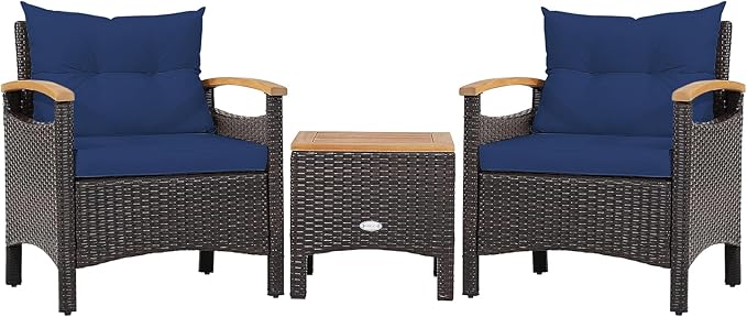 HAPPYGRILL 3 Pieces Patio Rattan Conversation Set, Outdoor PE Wicker Furniture Set Bistro Set with Coffee Table, Soft Seat Cushions & Throw Pillows, Acacia Wood Sofa Set for Patio Courtyard Poolside