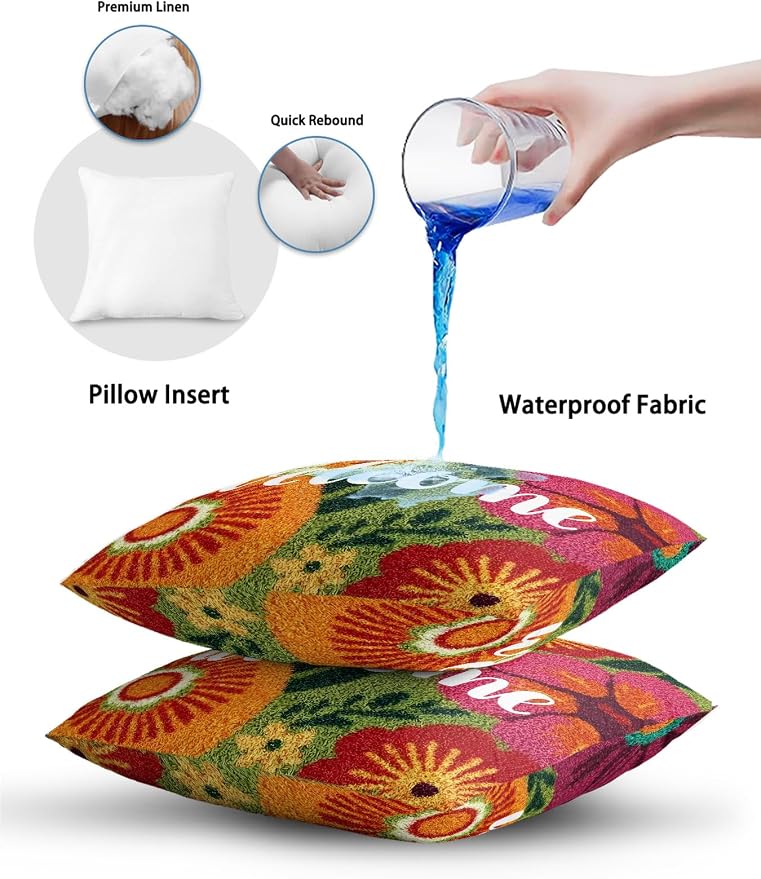 Outdoor Waterproof Throw Pillows 18x18in, Farmhouse Rustic Orange Red Floral Patio Pillows Pack of 2, Decorative Pillow Covers with Insert, Pillow Cushion Case for Garden Abstract Green Leaves
