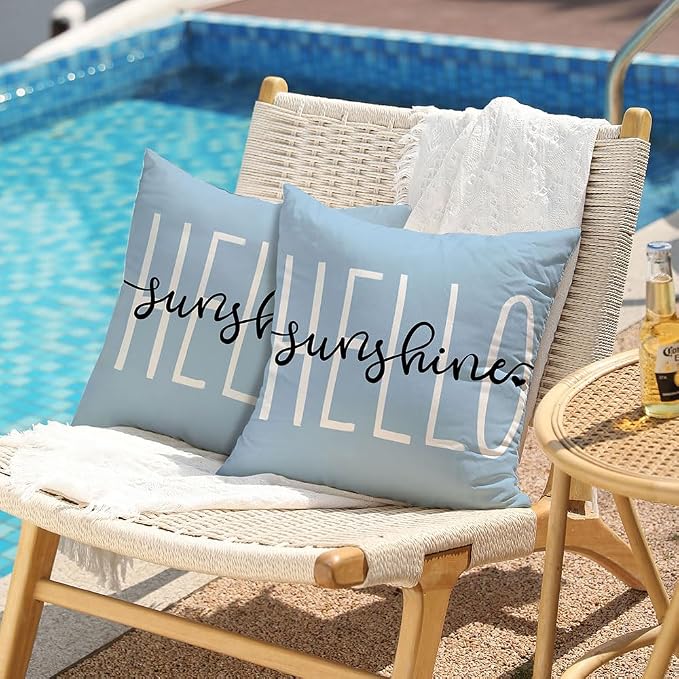 DFXSZ Sky Blue Outdoor Waterproof Pillow Covers 18x18 Set of 2 | Hello Sunshine Decor Spring Summer Polyester Pillow Covers(NO INSERTS)| Decor for Patio Funiture Garden Sofa Couch