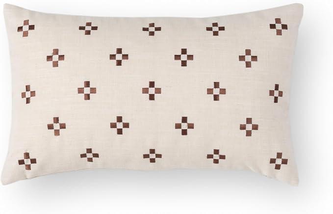Modern Farmhouse Fall Linen Indoor Outdoor Lumbar Pillow Cover Only, 12"x20" Water Repellent for Patio, Backyard, Couch, Neutral Rust Small Squares