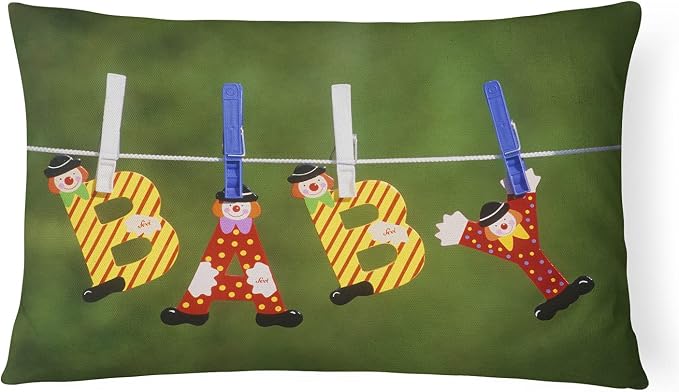 Caroline's Treasures APH5091PW1216 New Baby Clown Clothesline Canvas Fabric Decorative Pillow Machine Washable, Indoor Outdoor Decorative Pillow for Couch, Bed or Patio, 12HX16W