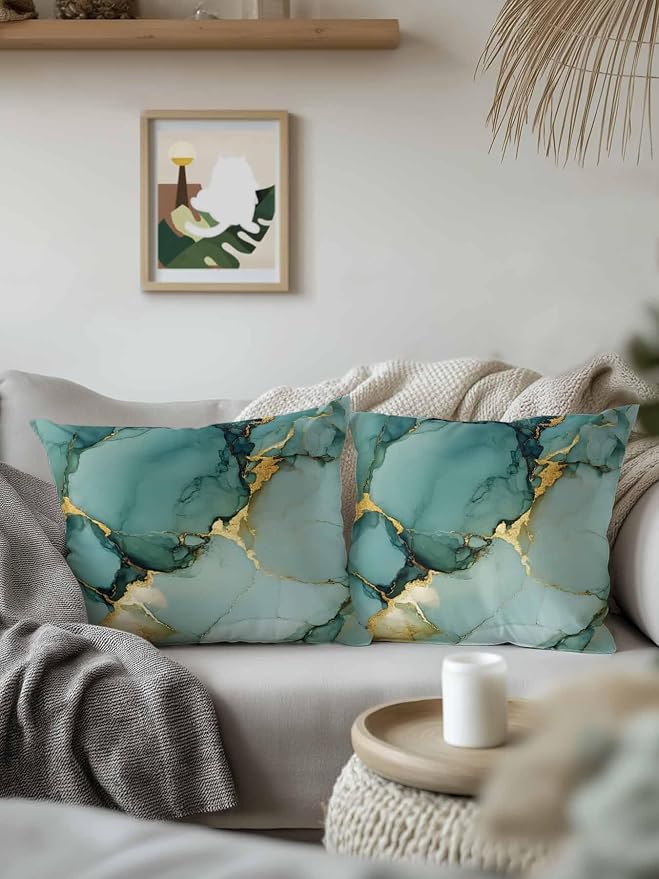 Outdoor Throw Pillow Set of 2, Teal Ombre Marble Waterproof Pillow with Insert Included, Modern Ink Painting Abstract Decorative Accent Cushion Sofa Pillows for Patio Porch, 16 x 16 in