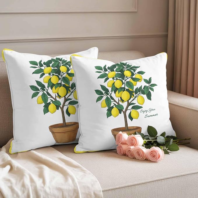 Summer Yellow Lemons Outdoor Waterproof Pillow Covers Set of 2, Green Leaf Botanical Garden Frame Pillowcase Decorative Throw Cushion Cases for Patio Garden Couch 24 x 24 Inches