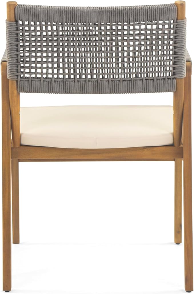 Christopher Knight Home Sky Acacia Wood Dining Table Set for 6, 7 Piece Patio Extendable Dining Table and Dining Chairs Set of 6 with Cushions & Rope Accents, Patio Furniture Set, Teak+Beige+Grey