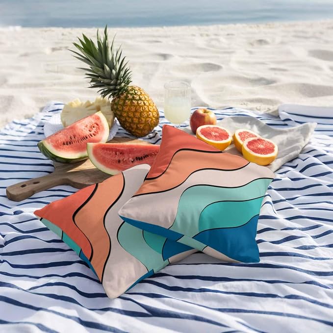 Orange Teal Ombre Outdoor Pillow Covers 16x16 Inch Throw Pillow Covers Set of 2 Waterproof Decorative Pillow Cases Modern Moire Abstract Art Cushion Covers for Patio Furniture Garden Couch Sofa