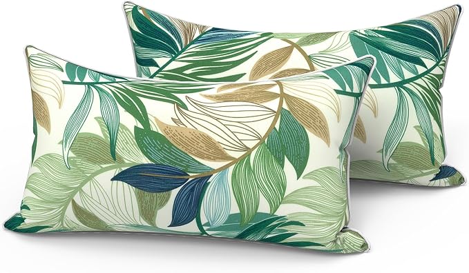 LVTXIII Set of 2 Outdoor Lumbar Pillows for Patio Furniture with White Piping, 12"x20" Fade Resistant Patio Lumbar Pillows with Inserts for Home Coach Sofa Use, Lush Leaf Green