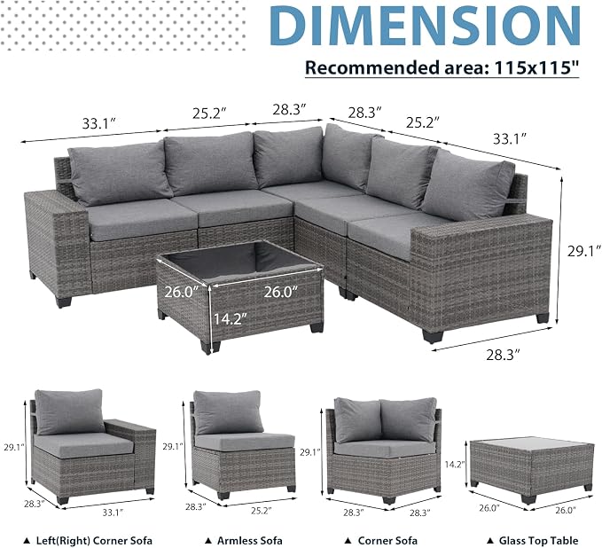 JOIVI 6 Pieces Outdoor Patio Furniture Set, Rattan Patio Sectional Sofa Conversation Set with Coffee Table, PE Wicker L-Shaped Sofa Set with Cushions for Garden, Backyard, Deck, Gray