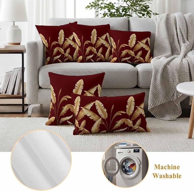 Waterproof Throw Pillow Covers 18x18 Set of 2, Golden Tropical Leaves on Burgundy Red Outdoor Pillowcases with Invisible Zipper, Abstract Foliage Leaf Decorative Cushion Covers for Patio Garden Sofa