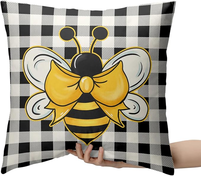 Bee Pillow Covers 16x16 Spring Summer Throw Pillow Covers Black and White Buffalo Plaid Throw Pillow Bee Decorations Home Decor for Indoors Couch Bed in 2 Pcs