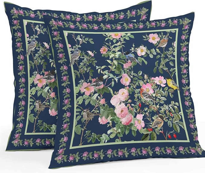 Vandarllin Outdoor Throw Pillows Covers 24x24 inch Set of 2 Waterproof Pink Floral Bird Decorative Zippered Cushion Covers for Patio Furniture, Green Leaves Branches Navy Blue Lumbar Pillowcases