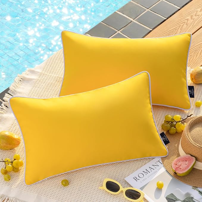 Phantoscope Pack of 2 Outdoor Waterproof Solid Throw Decorative Pillow Cover Decorative Square Outdoor Pillows Cushion Case Patio Pillows for Couch Tent, Yellow 12x20 inches 30x50 cm