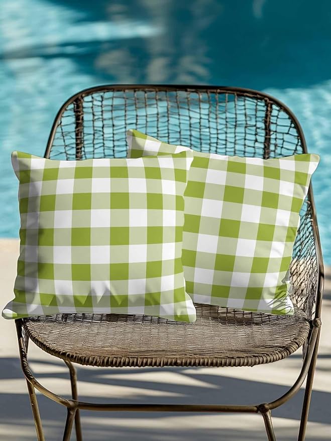 Waterproof Outdoor Pillow Set of 2 Avocado Green Buffalo Plaid Decorative Throw Pillows Cover & Insert 16x16 Inch Pillowcase Check Lines Pillows for Couch Sofa Bed Patio Furniture Indoor Outdoor