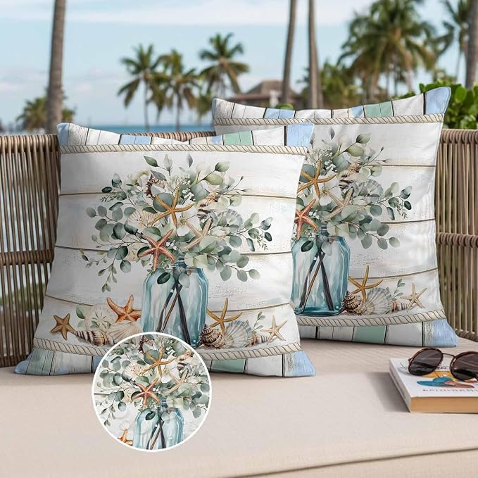 Green Eucalyptus Waterproof Outdoor Pillow Covers Set of 2 Home Decor, Botanical Floral Starfish in Vase Pillowcase Patio Pillow Covers for Couch Bench Furniture Garden 20x20in