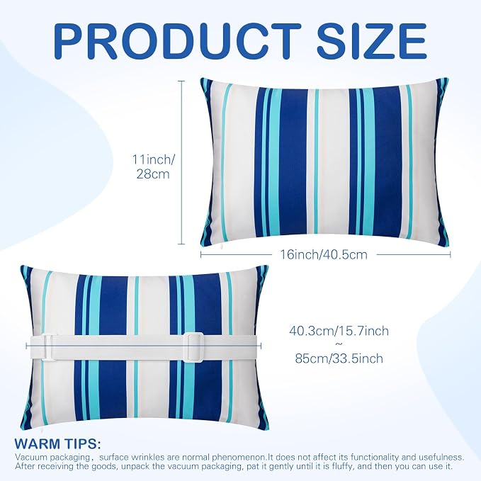 Lineshading 4 Pcs Chaise Lounge Pillow with Strap Outdoor Waterproof Pool Chair Neck Headrest Pillows with Adjustable Elastic Band for Beach Patio Chair Recliner(Blue,Stripe)