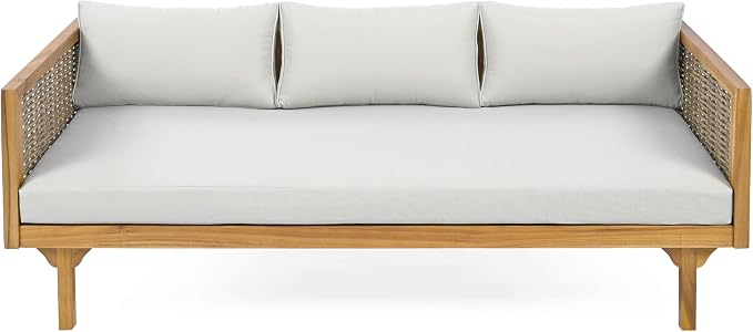 Merax Outdoor Acacia Wood Conversation Set, 3-Seat Loveseat Sofa w/Coushion, Round Coffee Table for Backyard, Patio Furniture, Teak+Light Gray