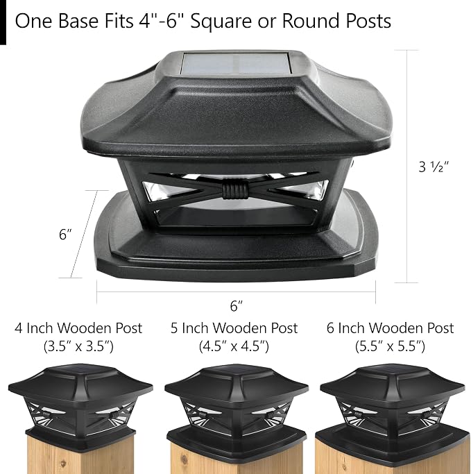 Davinci Lighting Flexfit Solar Outdoor Post Cap Lights - Includes Bases for 4x4 5x5 6x6 Wooden Posts - Bright LED Light - Slate Black (8 Pack) | Slate Black, Wooden Posts, fence/deck/garden/patio, UV fade-protected plastic, auto-on, 7-8h, cordless, IP4...
