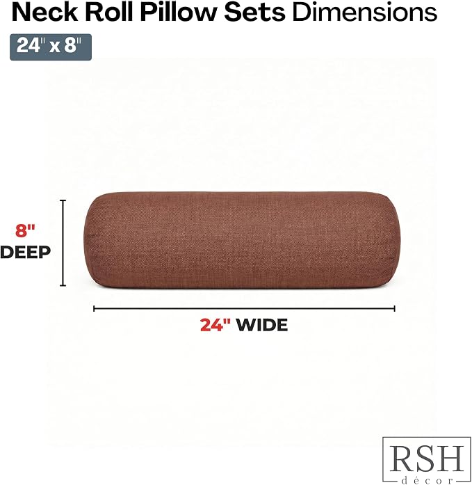RSH DECOR: Sunbrella Neck Roll Pillows Set of 2 | 24” x 8” | Outdoor Bolster for Patio, Deck, Porch, or Poolside Chairs | Fade & Water-Resistant | Made in USA (Essential Russet)
