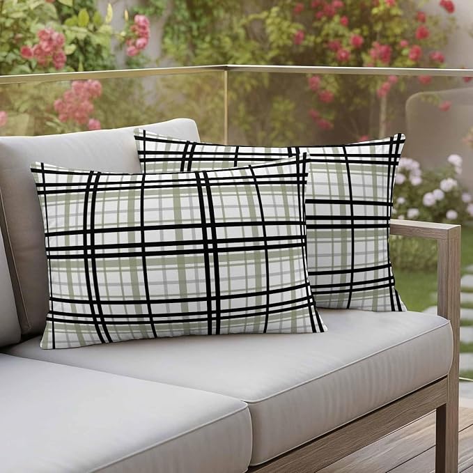 Abstract Stripes Outdoor Pillow Covers Set of 2 Sage Green Black Grey Plaid Waterproof Throw Pillow Cover Decorative Cushion Cases for Patio Porch Garden 20X12 Inch