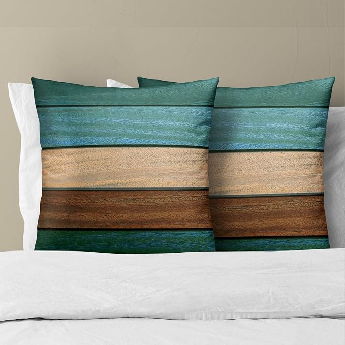 Teal Green Brown Pillow Covers 18x18 Inch Set of 2, Retro Rustic Barn Wood Decorative Throw Pillow Case Soft Cotton Square Cushion Cover Outdoor Sofa Patio Home Decor