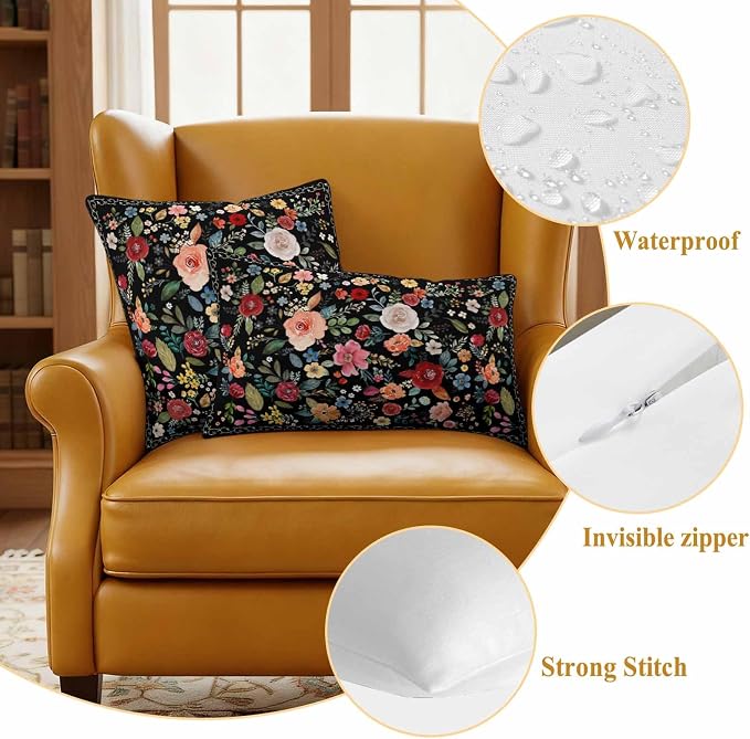 Watercolor Flowers Waterproof Outdoor Pillow Covers 16''x16'' Set of 2, Farmhouse Floral Patio Furniture Black Cushion Covers for Chairs, Decorative Vintage Wildflowers Pillow Cases for Garden/Pool