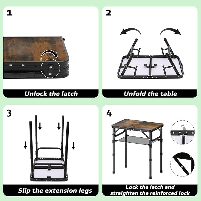 YihuiKo Small Folding Picnic Table with Storage Net, 3 Adjustable Heights 27.5" Aluminum Lightweight Portable Table with Carrying Handle for Camping Travel and Indoor