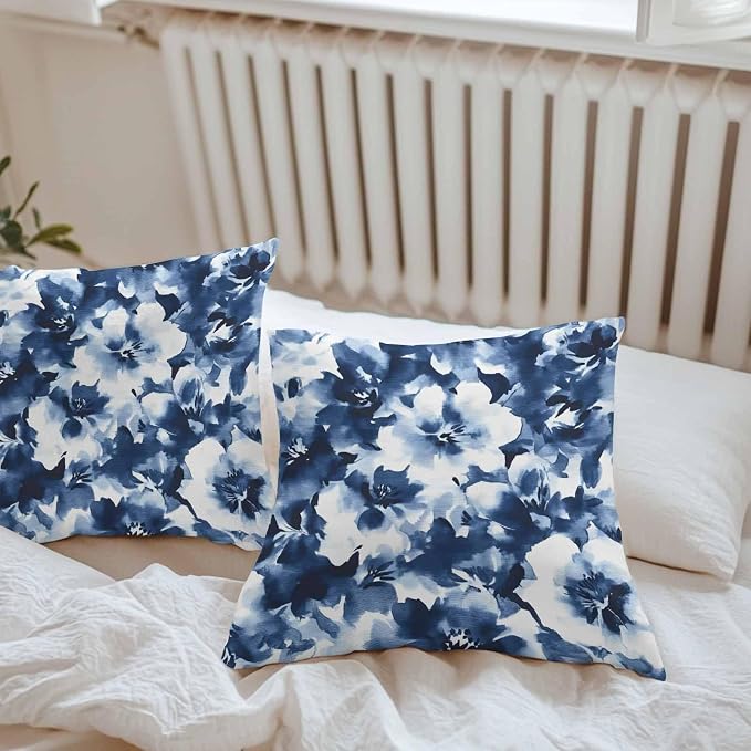 Outdoor Throw Pillow Cover Abstract Watercolor Flower Art Waterproof Cushion Covers 2 Pack Natural Blue White Floral Pillow Cases Home Decoration for Patio Garden Couch Sofa