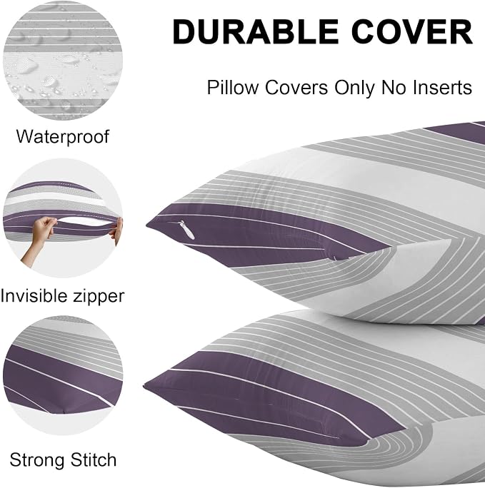 Purple Grey Stripe Outdoor Pillow Covers Waterproof, All Weather Cushion Case Set of 2, Modern Art Horizontal Striped Decorative Pillowcases for Sofa Couch Bed Decor Patio Furniture 18"x18"