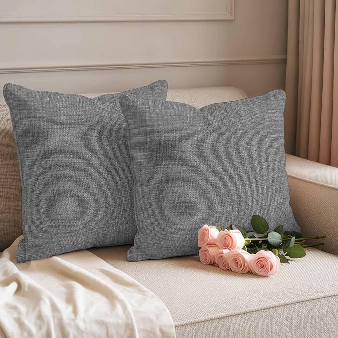 Outdoor Waterproof Throw Pillow Covers Set of 2 Grey Linen Pillowcases 18x18 Inches Farmhouse Pure Color Decorative Pillows Cushion Case Patio Pillows for Couch Bed Chair Garden