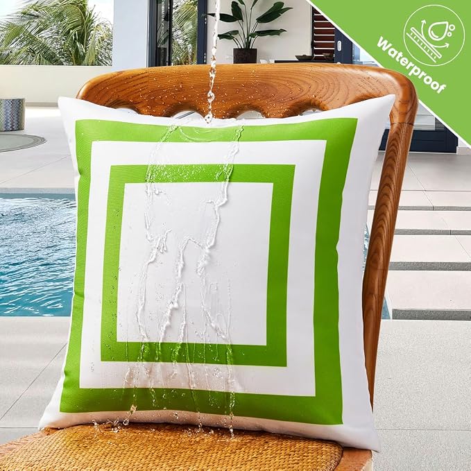 JOJOGOGO 12x20 Apple Green Frame Outdoor Lumbar Pillow Covers Waterproof & Sunproof Set of 2, White and Green Outdoor Decorative Lumbar Pillows for Patio Furniture and Porch Decor(Without Inserts)