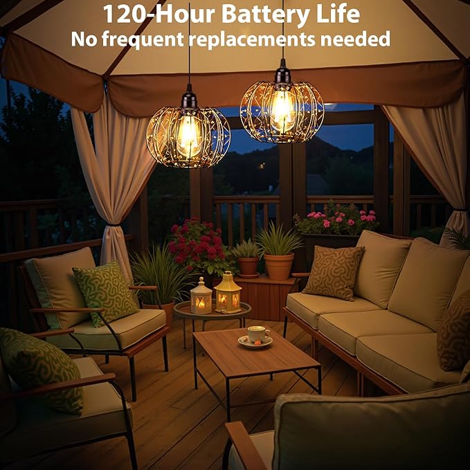 Battery Operated Hanging Chandelier Outdoor, Set of 3 with Remote, No Wiring, Boho Copper Wire Beaded Pendant Light, IP55 Weatherproof, Dimmable Timer, for Gazebo Pergola Porch Patio Decor
