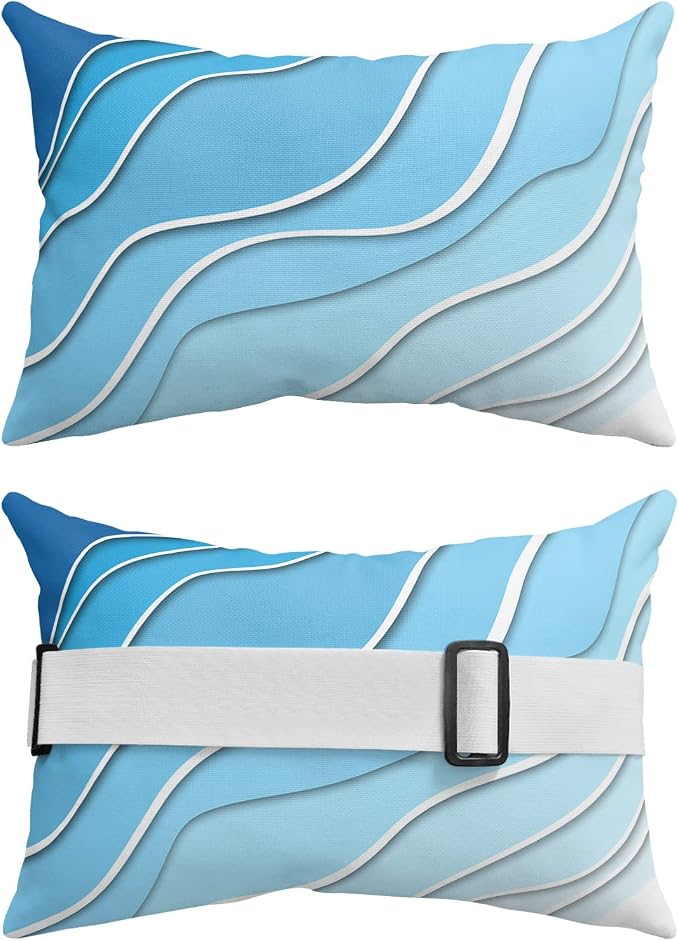 Geometric Ombre Chaise Lounge Pillows Outdoor, Aesthetic Blue White Gradient Abstract Head Pillows, Modern Waterproof Patio Furniture Lumbar Pillows with Adjustable Elastic Strap for Recliner Beach