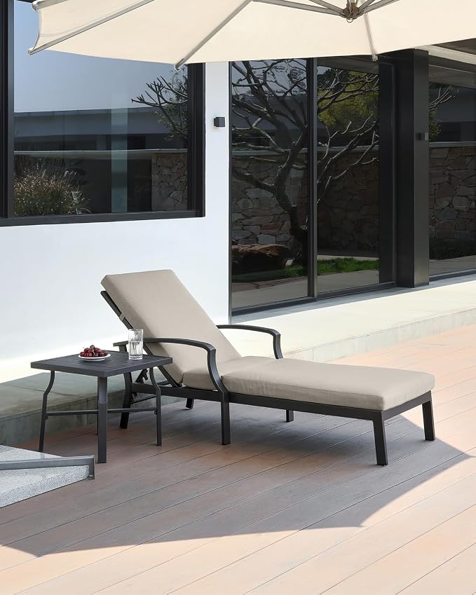 2 Pieces Lounge Chair Set, Outdoor Chaise Lounge Set, Never-Rust Aluminum Pool Lounge Set with Gray Cushion, 6-Position Adjustable Patio Chaise with Outdoor Side Table for Poolside, Gunmetal