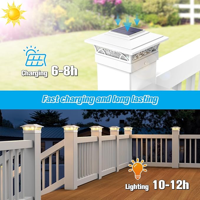 JOFIOS Solar Post Cap Lights Outdoor 6pack, White Deck Fence Post Lights Solar Powered with 16LEDS 2 Lighting Modes, 4x4/5x5/6x6 Waterproof Fence Post Lights for Garden Patio Porch Backyard