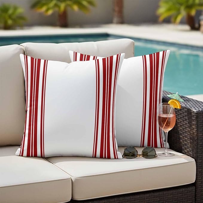 Outdoor Waterproof Throw Pillow Covers Set of 2 Red Stripes Pillowcases 16x16 Inches White Vertical Striped Decorative Pillows Cushion Case Patio Pillows for Couch Bed Chair Garden