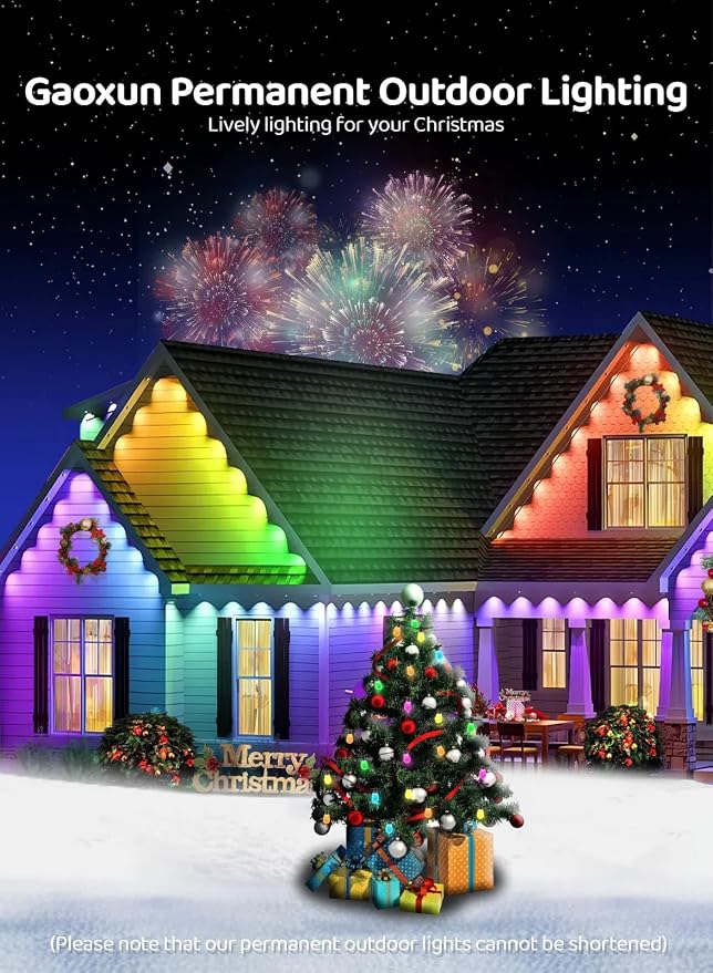 Gaoxun 50ft Permanent Outdoor Lights, RGBW Smart Outside Lights with 30 LED, APP/Remote Control, Dimmable, 47 Scene Modes, Timer, IP67 Waterproof Eaves Lighting for Daily Holiday Christmas Decorations