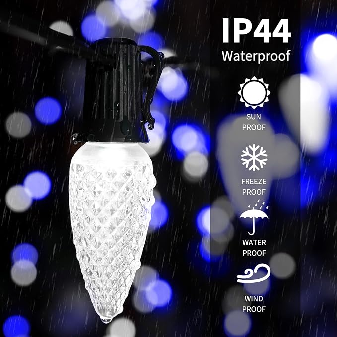 Brightown C9 Christmas String Lights, Blue and Pure White Commercia Outdoor Christmas Lights with 100 Strawberry C9 LED Bulbs, Waterproof Extendable UL Certified for Party Holiday Indoor Xmas Decor