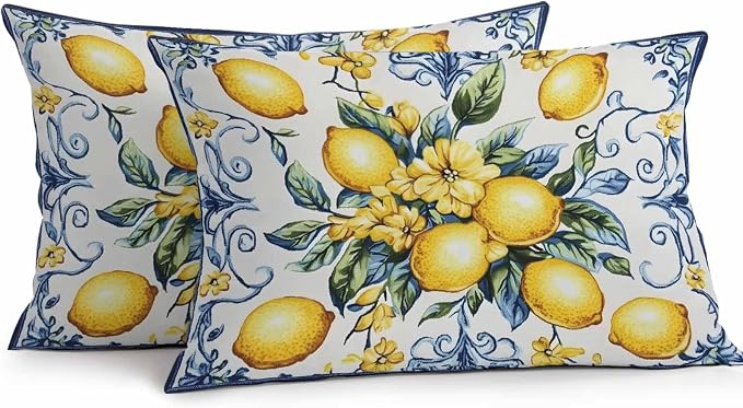 Lumbar Pillow Covers 20x12 Inch Set of 2, Yellow Lemon Waterproof Outdoor Cushion Covers, Middle Century Blue Italian Textured Decorative Pillowcases for Couch, Sofa, Bed, Garden, Patio