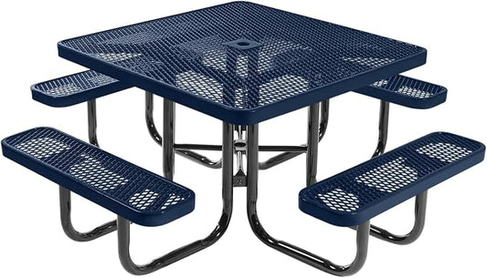 COATEDOUTDOORFURNITURE Heavy-Duty Portable Outdoor Picnic Table with Umbrella Hole, Expanded Metal Commercial-Grade Patio Dining Furniture Made in America (46" Square Top, Textured Dark Blue)