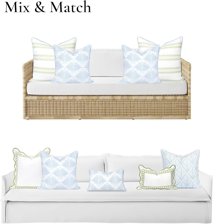 Hofdeco Premium Grandmillennial Coastal Hampton Patio Indoor Outdoor Throw Pillow Cover Only, 20"x20" Water Repellent for Backyard, Couch, Poolside, Baby Blue Print Abstract Plam Leaves