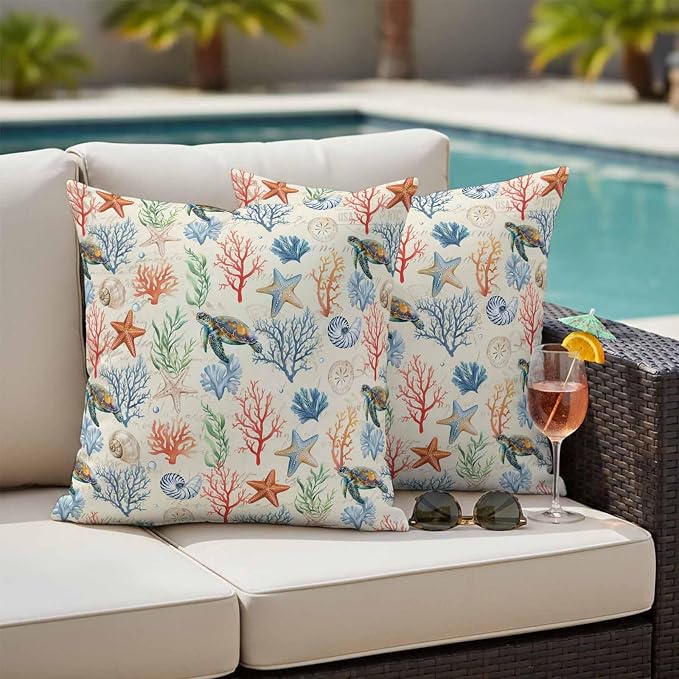 Summer Ocean Outdoor Waterproof Pillow Covers Pack of 2, Vintage Nautical Sea Turtles Shells Corals Starfish Decorative Throw Pillowcases Cushion Covers for Garden Patio Tent Sofa Couch, 18x18 inch