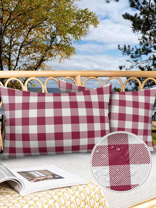 Outdoor Waterproof Throw Pillow Covers Set of 2 Wine Red Buffalo Check Plaid Lumbar Pillowcases 20x12 Inches Farmhouse Style Patio Decorative Pillows Cushion Case Patio Pillows for Couch Bed Garden