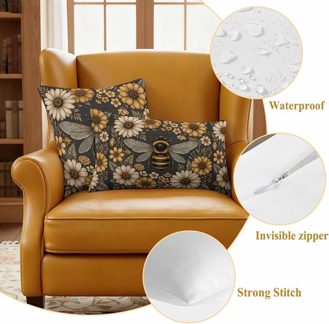 Outdoor Pillow Covers Waterproof, Bee Flowers Decorative Square Throw Pillowcases Patio Cushion Covers for Tent/Garden, 20" x 20" 2 Pack, Retro Country Animals Botanical Floral Plants