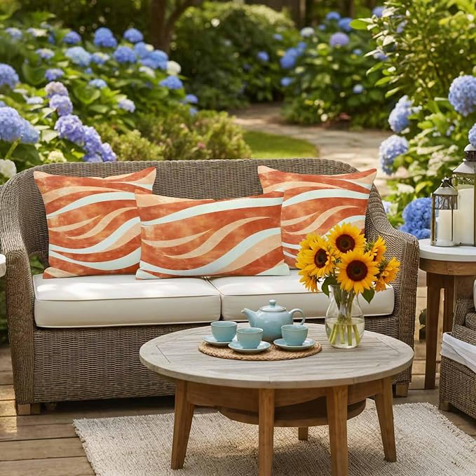Burnt Orange Waves Waterproof Outdoor Pillow Covers Set of 2 Home Decor, Ombre Sea Ripples Shabby Beach Pillowcase Patio Pillow Covers for Couch Bench Furniture Garden 26x26in