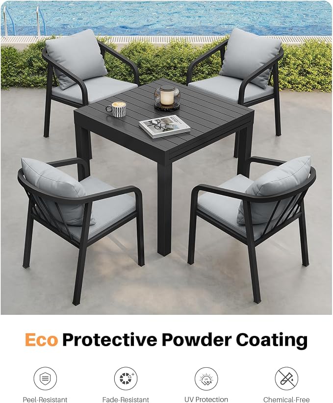 Outdoor Dining Chairs Set of 4, Never-Rust Aluminum Patio Dining Chairs with Removable Cushion, Ergonomic patio chairs with Wraparound Seating Design for Porch, Deck, Commercial, Garden, Black
